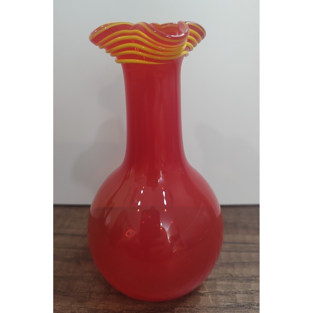 Hand Blown Red Glass Vase 5" Ruffle Top Yellow Stripes Vtg
